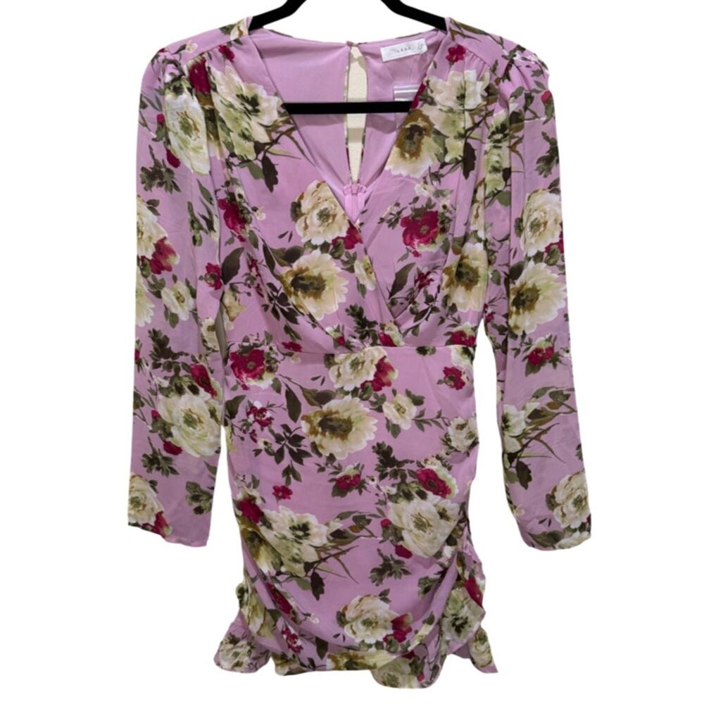 Lush Floral Long Sleeve Ruched Ruffle Mini Dress Mauve Magenta Size S Minidress